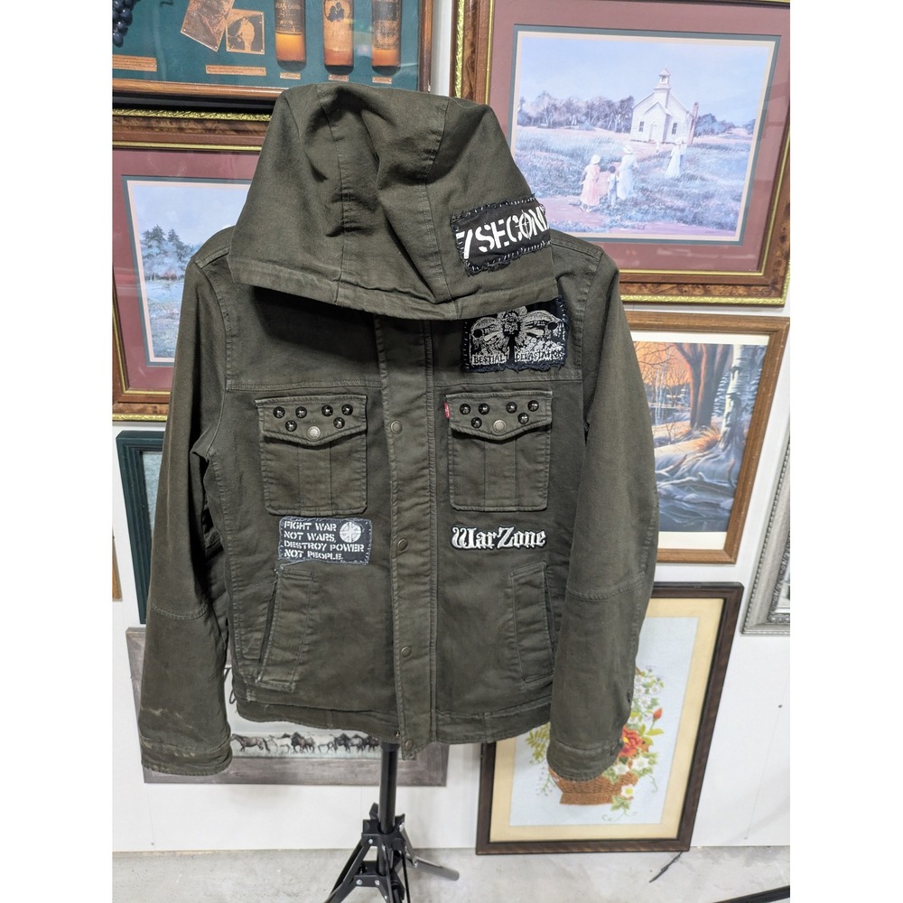 Levis Mens S Custom Punk Patch Sherpa Lined Hooded Field Jacket Olive Green